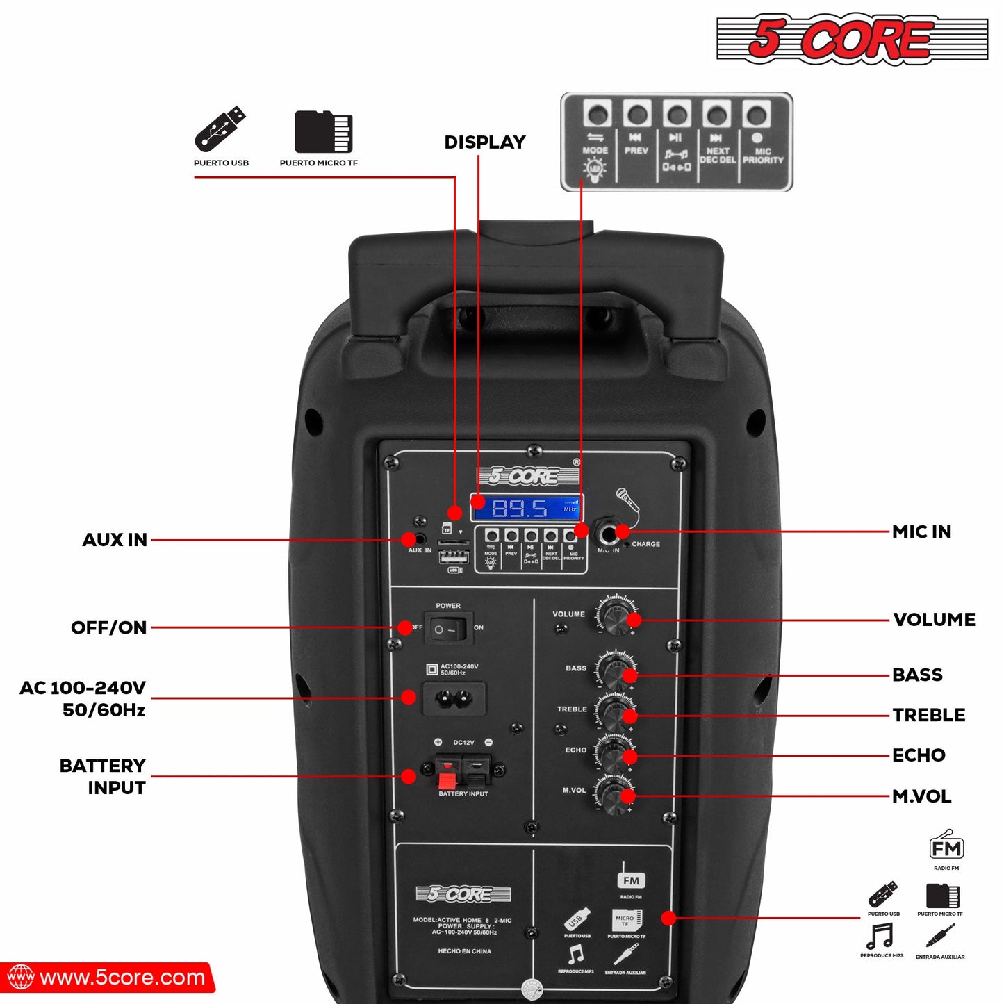 5 CORE 8 Inch TWS Bluetooth Party Speaker 250 Watt Portable + 2 Wireless Mics