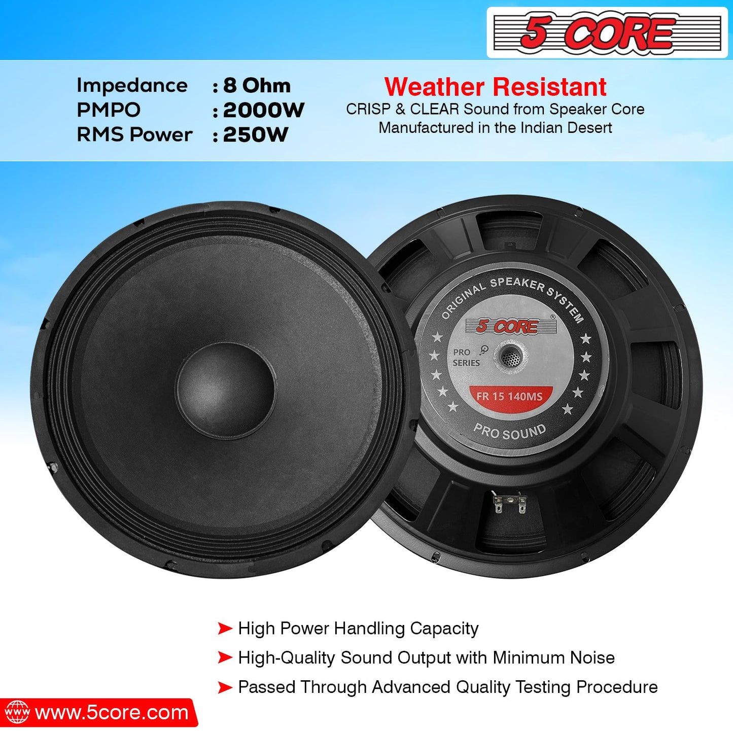 5Core 15 Inch Subwoofer Speaker 2000W Peak 8Ohm Full Range Replacement