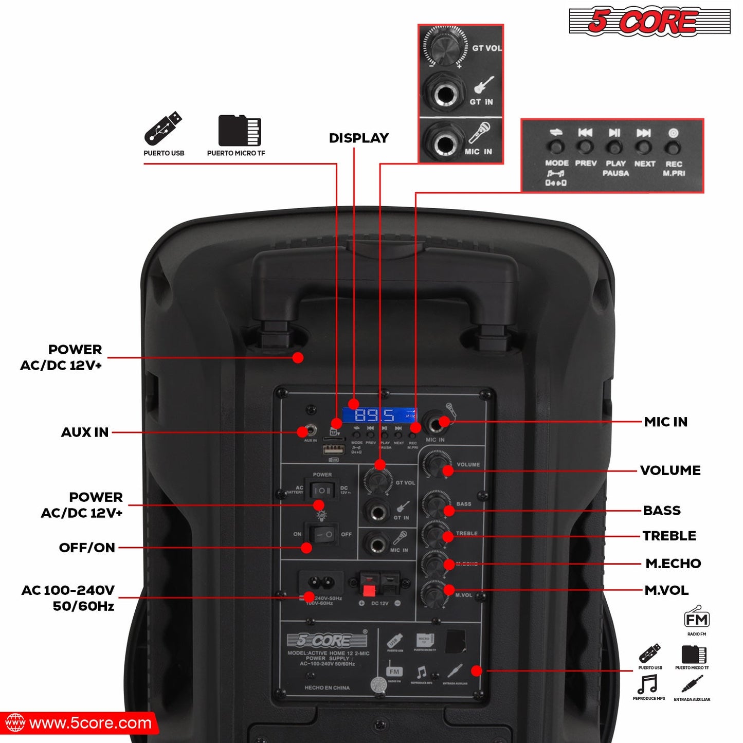 5 CORE 15 Inch TWS Bluetooth Party Speaker 800 Watt + 2 Wireless Mics