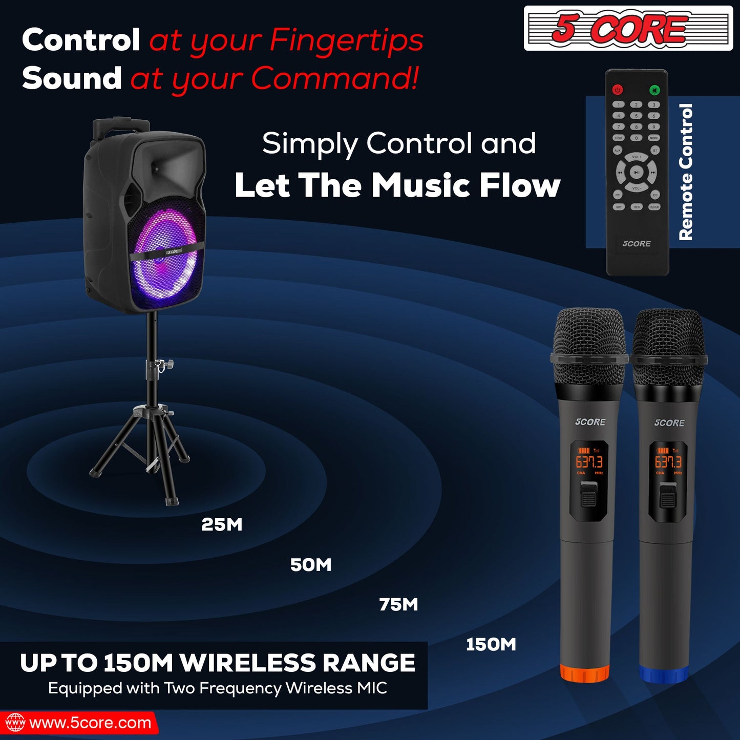 5 CORE 8 Inch TWS Bluetooth Party Speaker 250 Watt Portable + 2 Wireless Mics