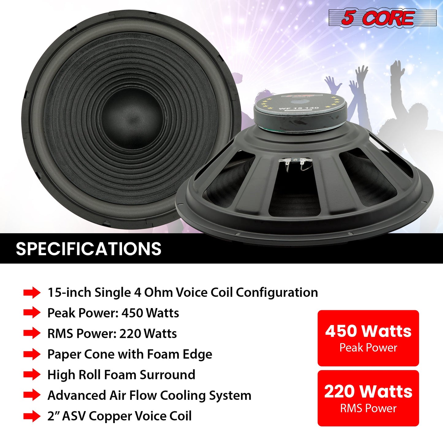 5Core 15 Inch Subwoofer Speaker 450W Max 4Ohm Replacement Sub woofers