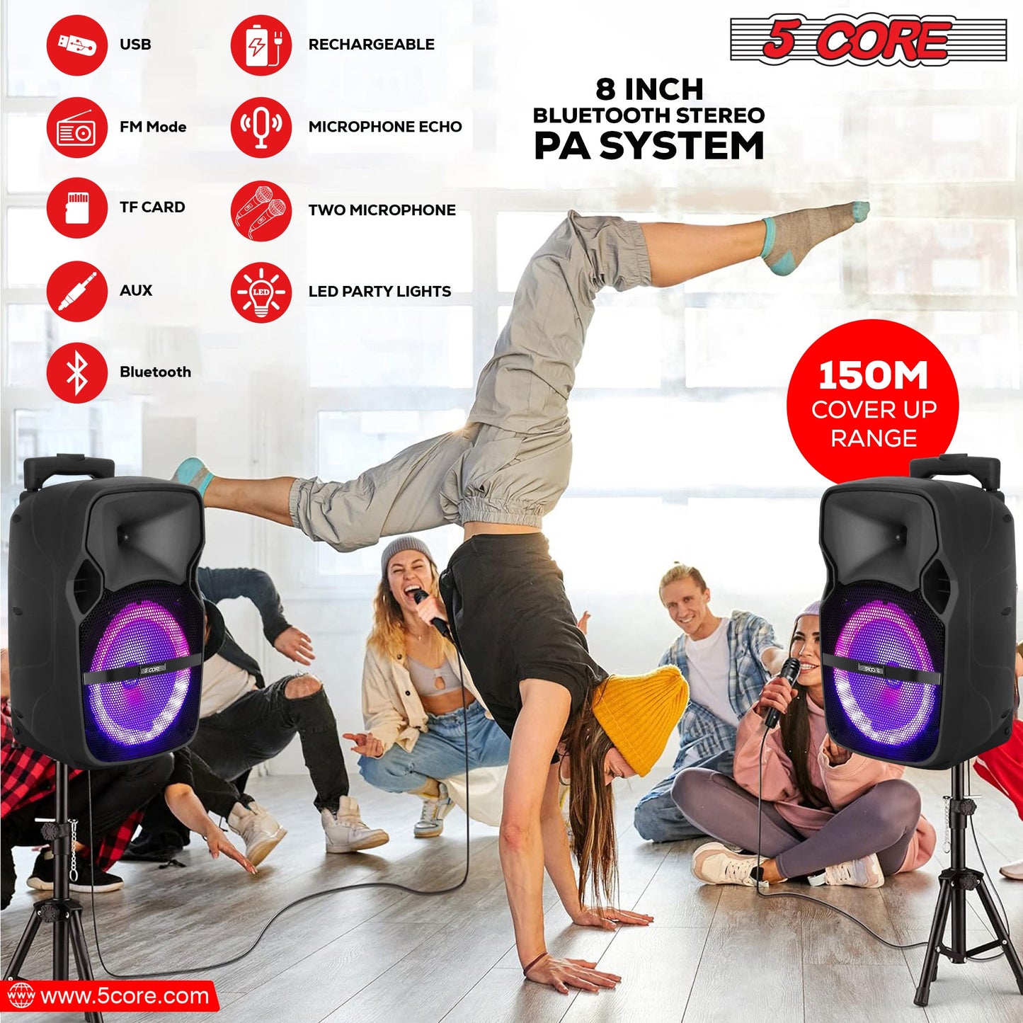 5 CORE 8 Inch TWS Bluetooth Party Speaker 250 Watt Portable + 2 Wireless Mics