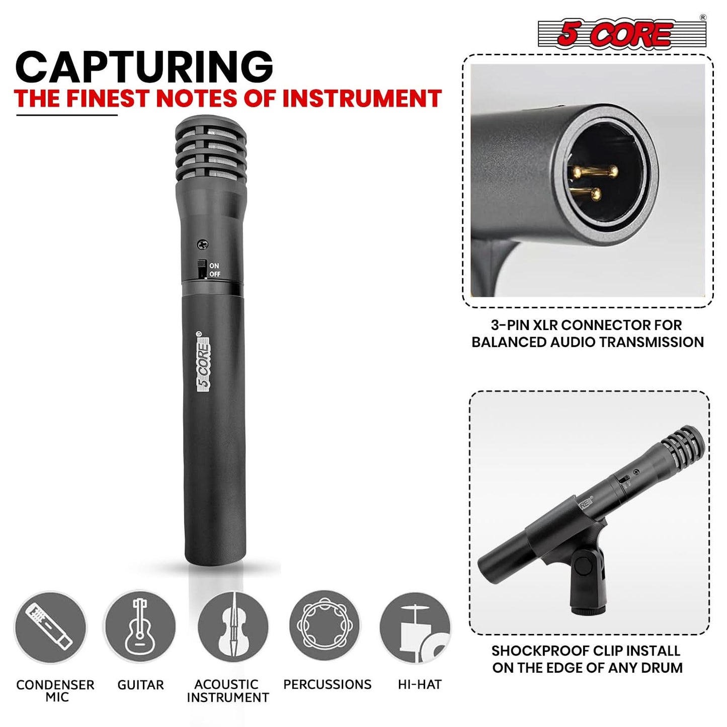 5Core Instrument Microphone Professional XLR Cardioid Pencil Stick