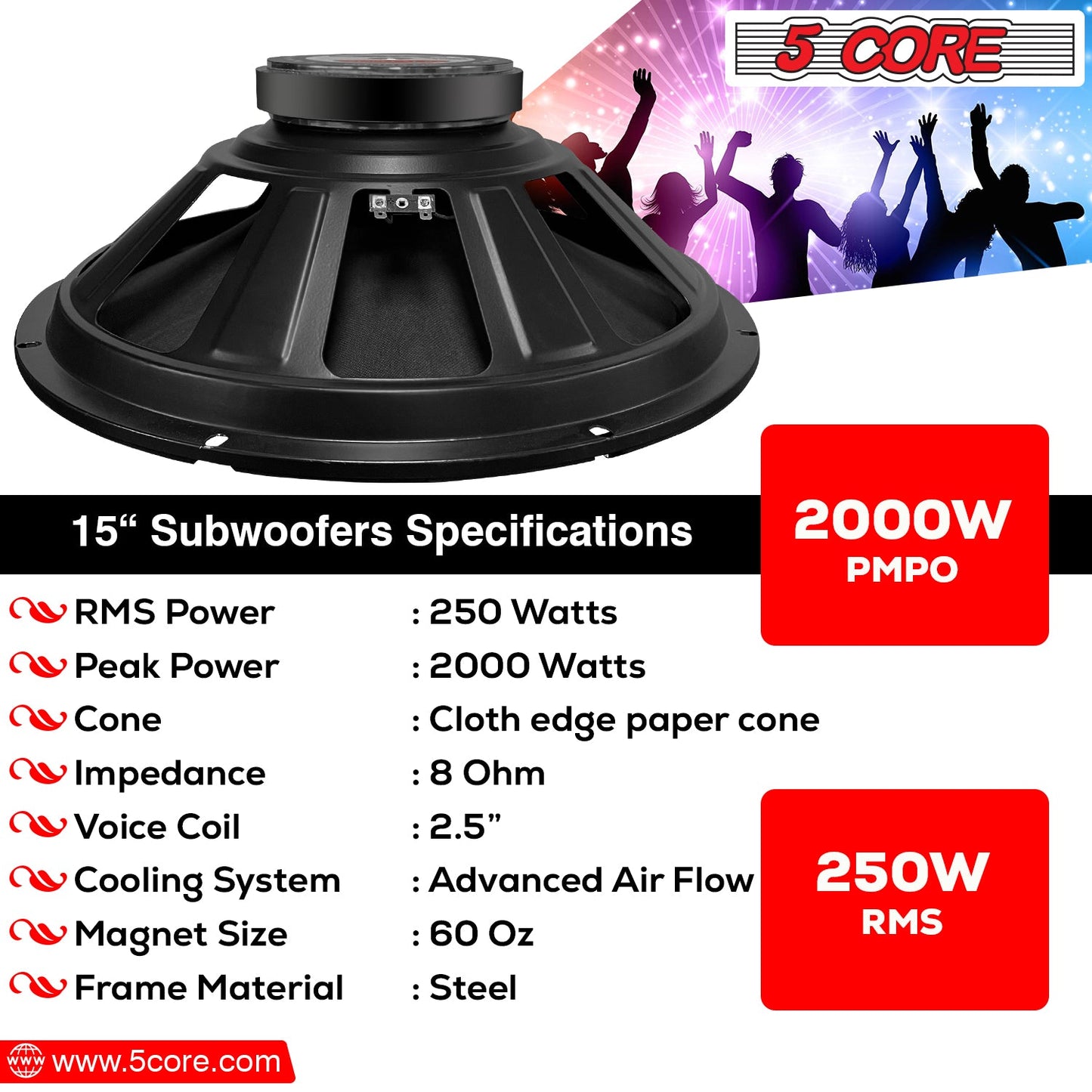 5Core 15 Inch Subwoofer Speaker 2000W Peak 8Ohm Full Range Replacement