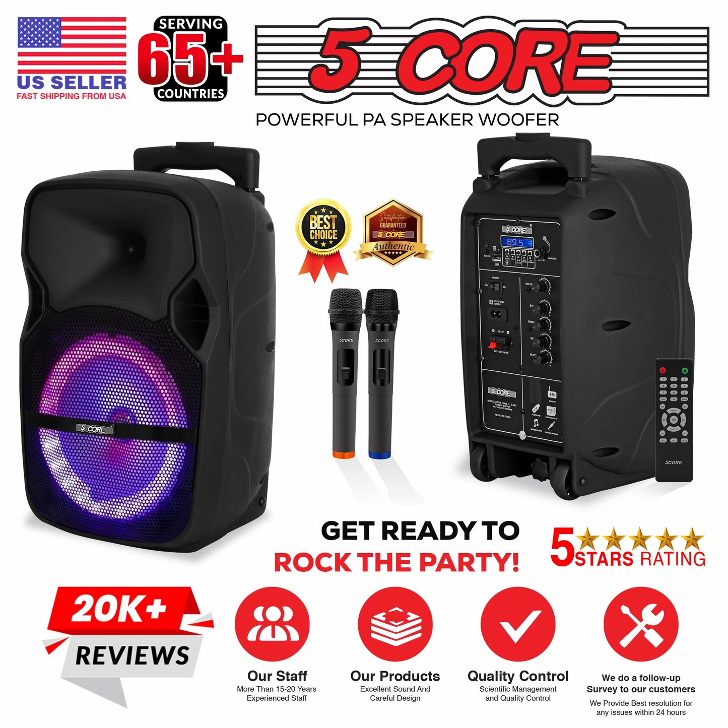 5 CORE 8 Inch TWS Bluetooth Party Speaker 250 Watt Portable + 2 Wireless Mics