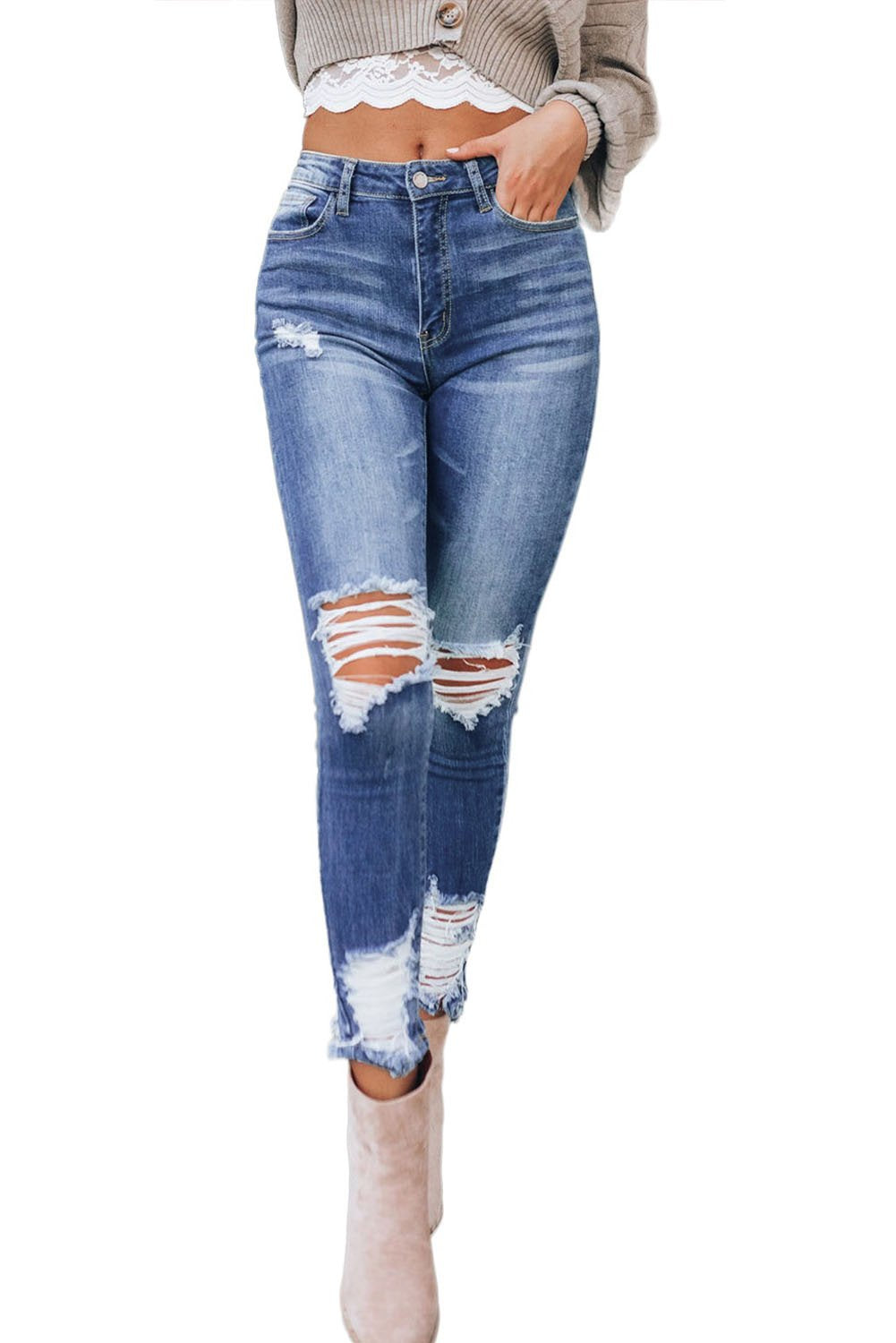 Dark Blue Washed Distressed Slits Skinny Jeans