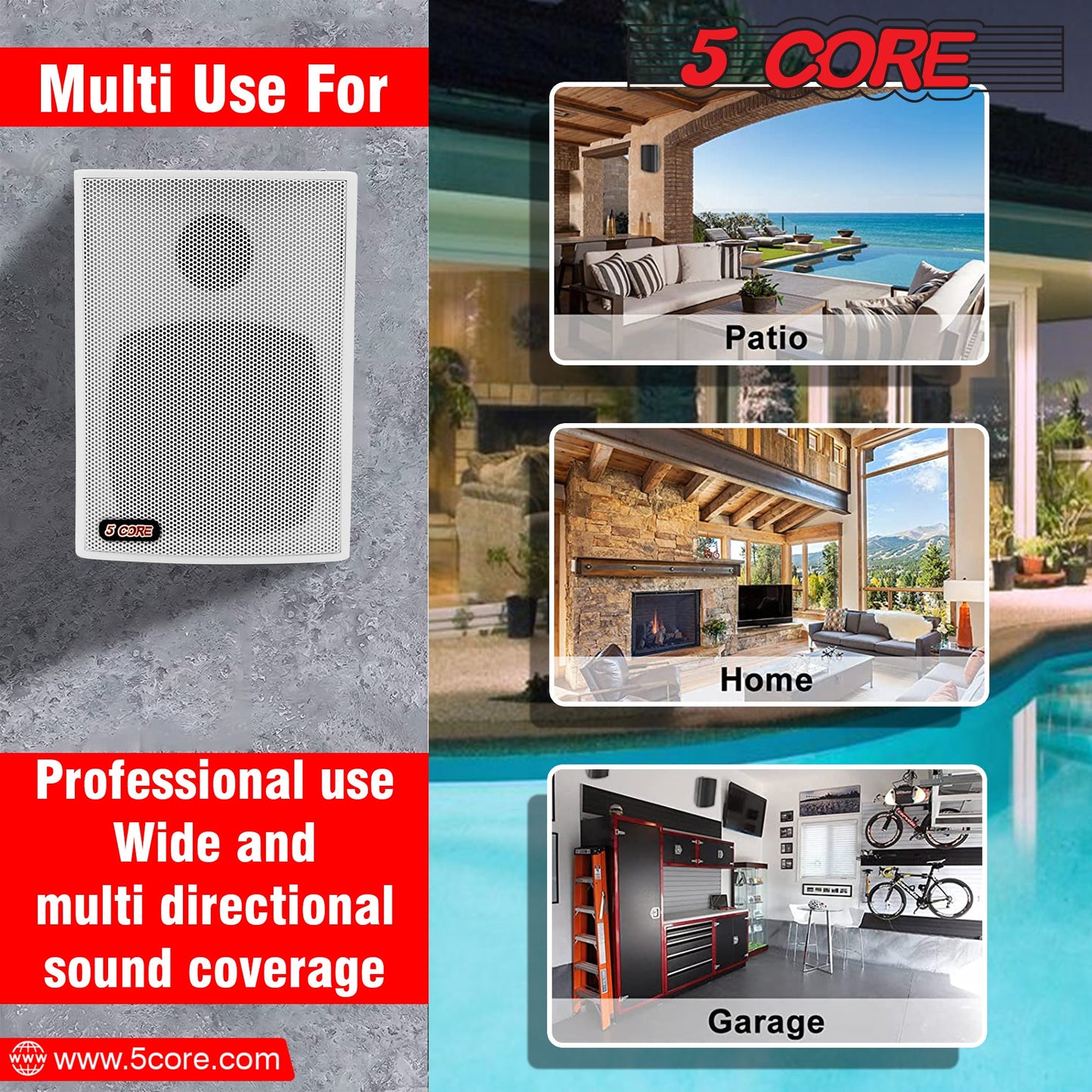 5Core Outdoor Speakers Stereo In Wall 100W Peak Passive Home Audio