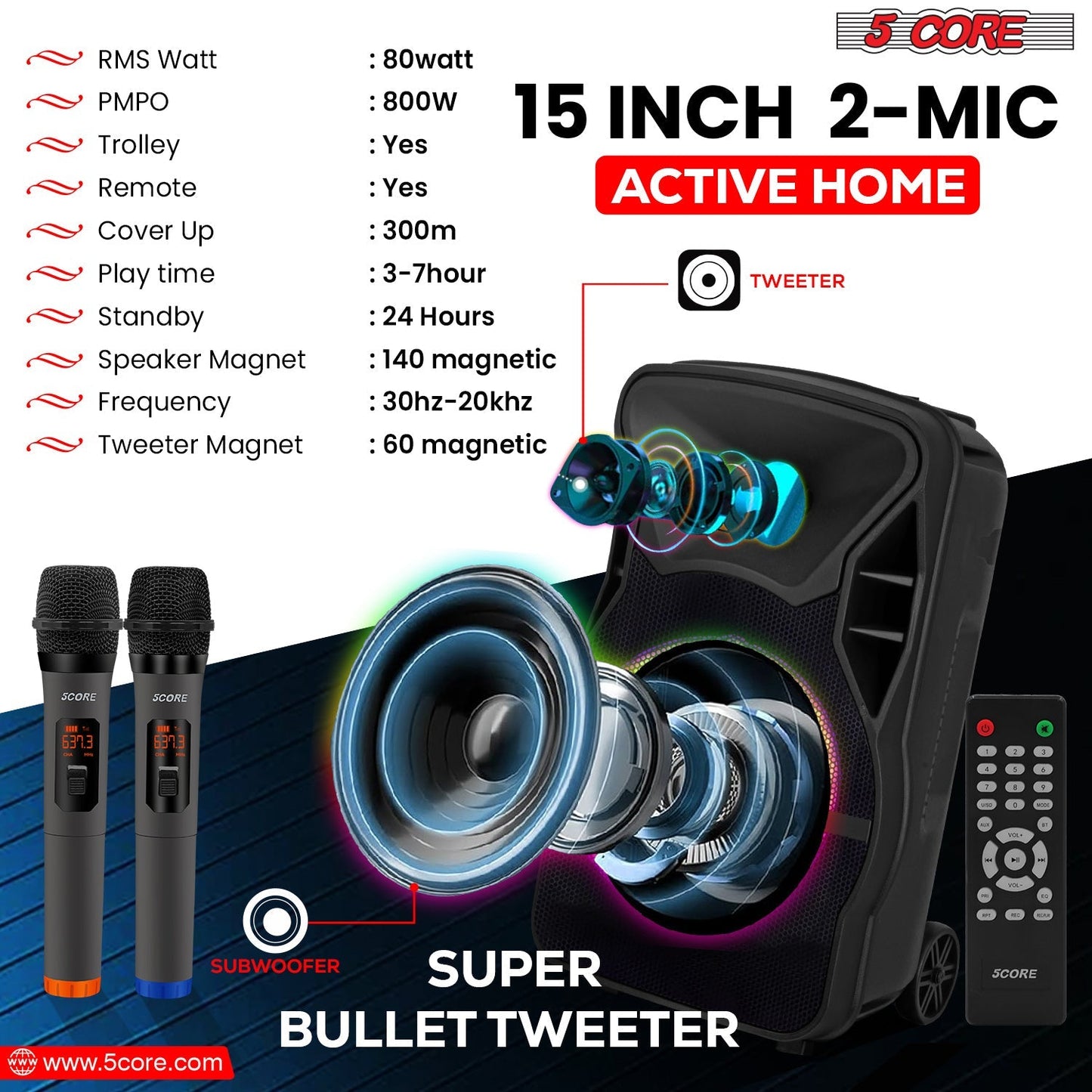 5 CORE 15 Inch TWS Bluetooth Party Speaker 800 Watt + 2 Wireless Mics