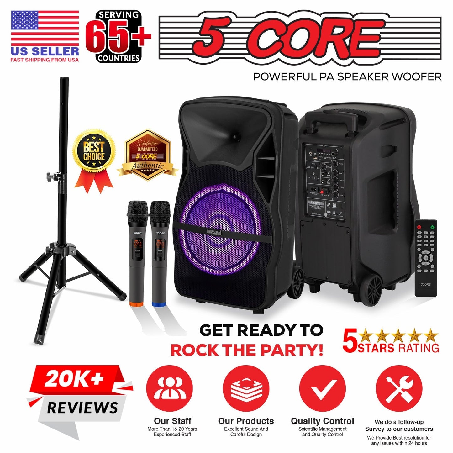 5 CORE 15 Inch TWS Bluetooth Party Speaker 800 Watt + 2 Wireless Mics