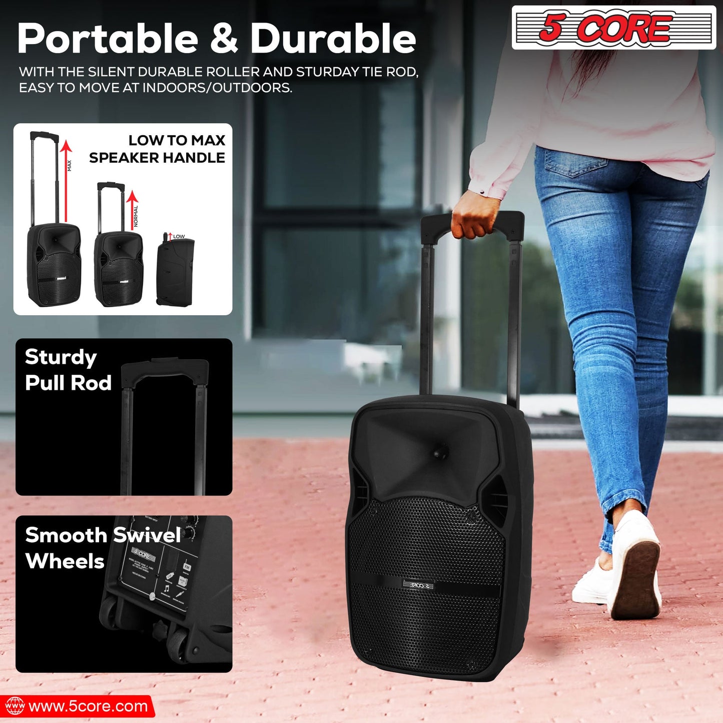 5 CORE 8 Inch TWS Bluetooth Party Speaker 250 Watt Portable + 2 Wireless Mics