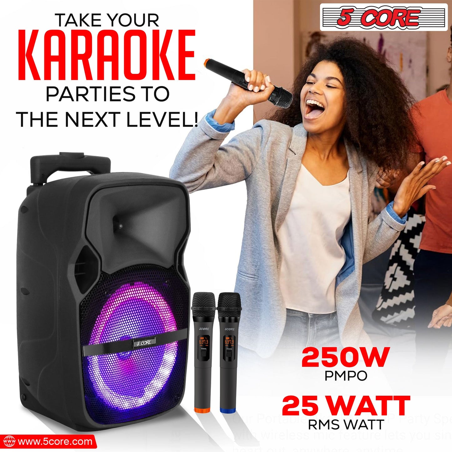 5 CORE 8 Inch TWS Bluetooth Party Speaker 250 Watt Portable + 2 Wireless Mics