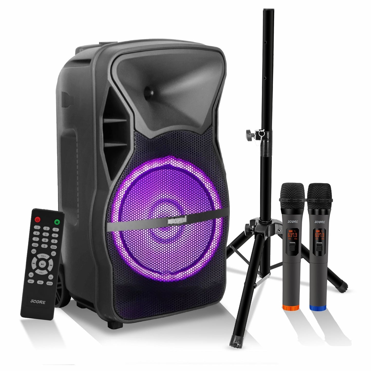 5 CORE 15 Inch TWS Bluetooth Party Speaker 800 Watt + 2 Wireless Mics