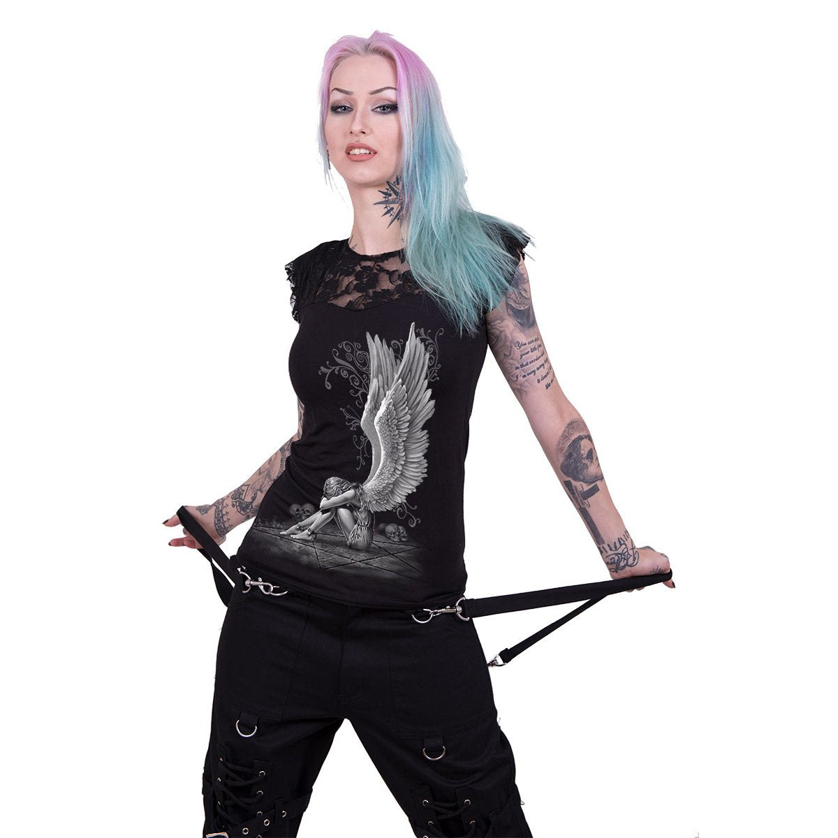 ENSLAVED ANGEL - Lace Layered Cap Sleeve Top Black