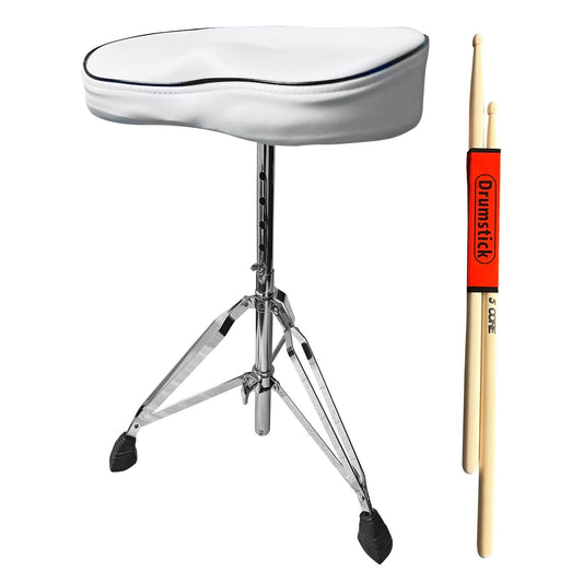 5Core Drum Throne Padded Stool Saddle Seat for Adults (White) & Drumsticks