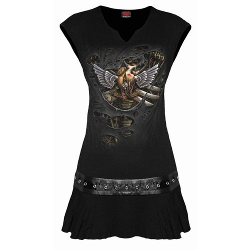 STEAM PUNK RIPPED - Stud Waist Mini Dress Black