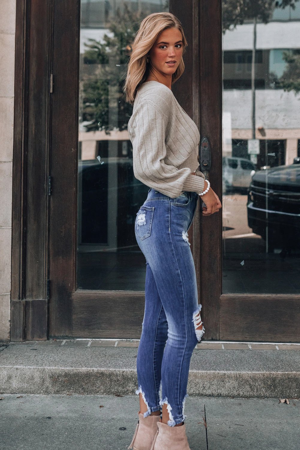 Dark Blue Washed Distressed Slits Skinny Jeans