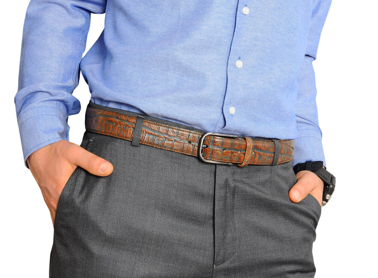 Vegas Brown Blue Leather Men Belt