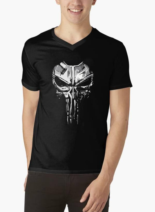 Skull Half Sleeves V-Neck Black T-shirt