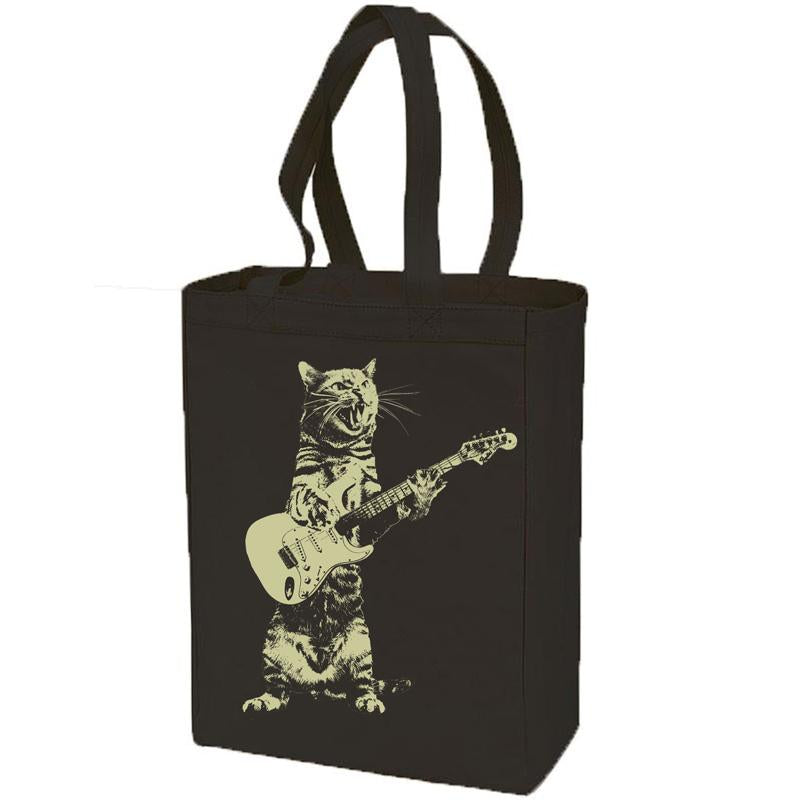 Cat playing guitar - Cotton Tote Bag / Handprinted